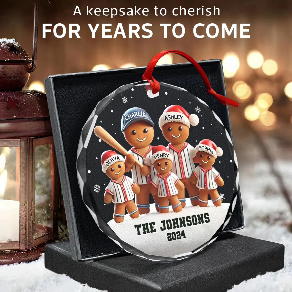 Baseball Gingerbread Family Sport Lover 3D Effect Personalized Glass Ornament - Image 5