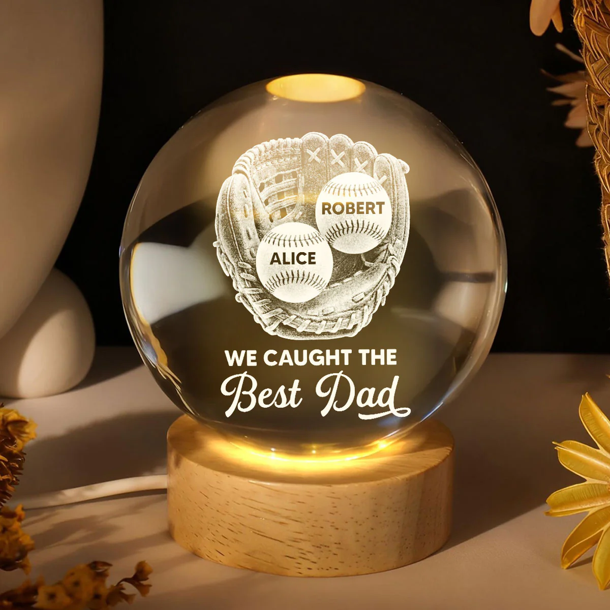 Baseball Glove We Caught The Best Dad - Personalized Crystal Ball LED Night Light -  Gift For Baseball Dad - Image 2