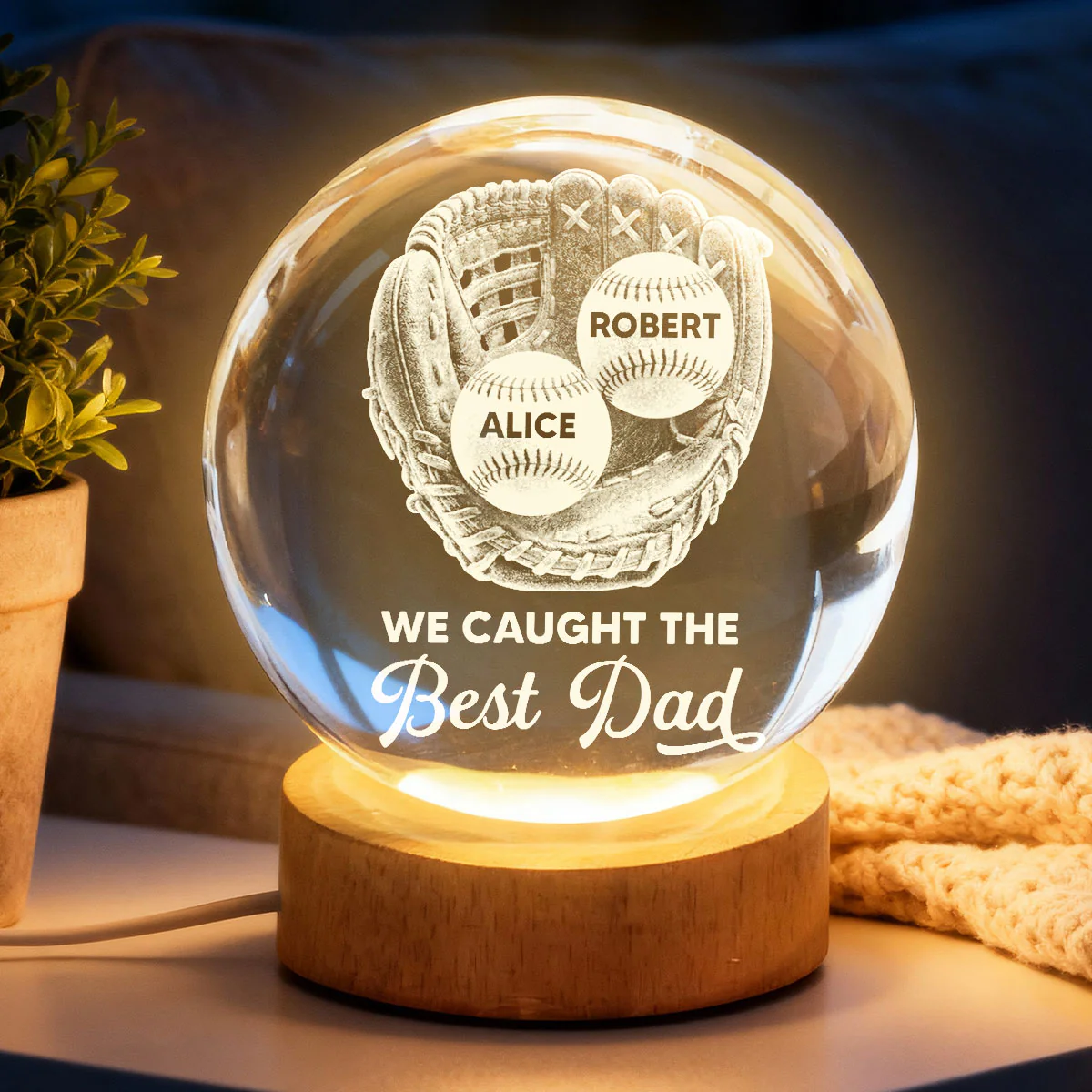 Baseball Glove We Caught The Best Dad - Personalized Crystal Ball LED Night Light -  Gift For Baseball Dad - Image 3