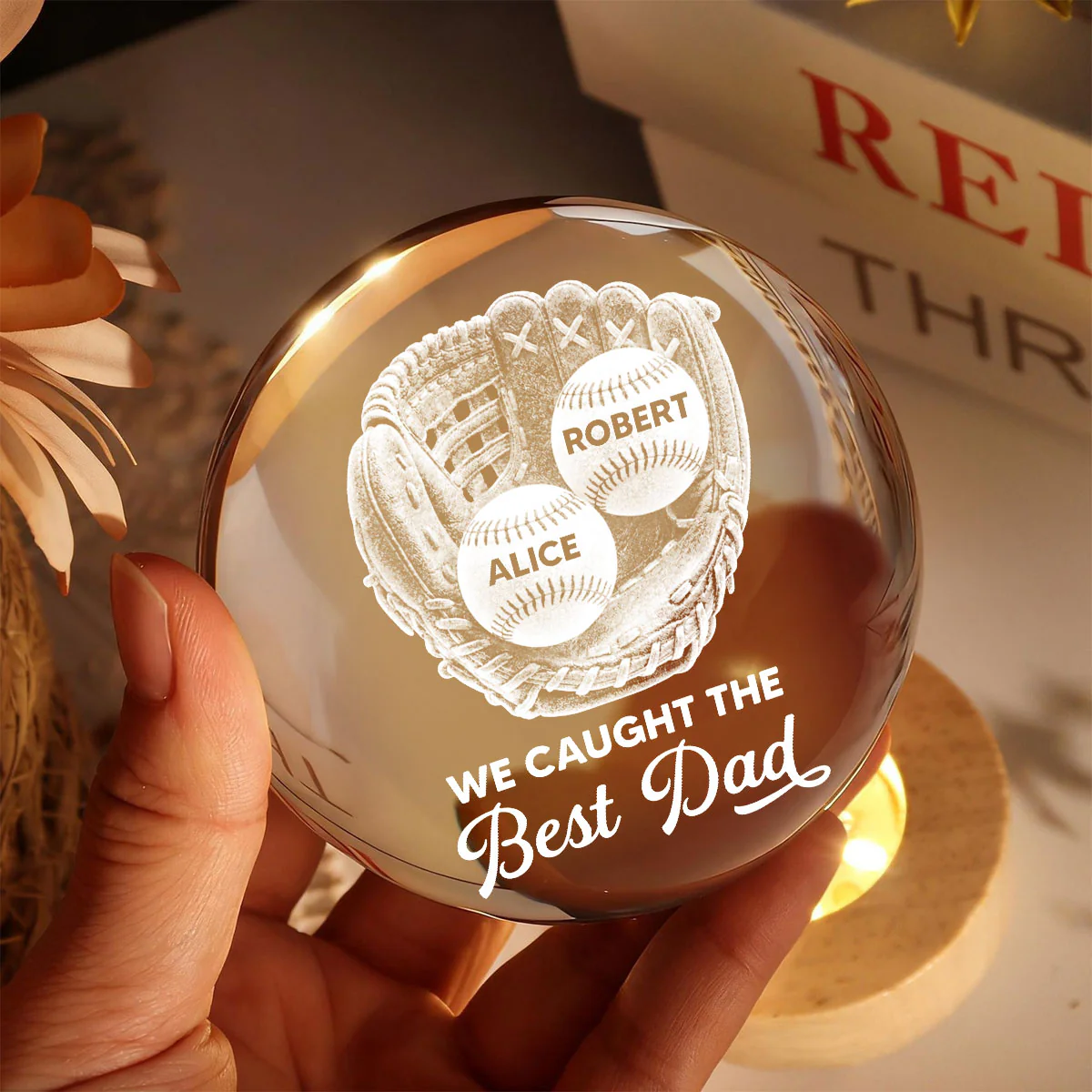Baseball Glove We Caught The Best Dad - Personalized Crystal Ball LED Night Light -  Gift For Baseball Dad - Image 5