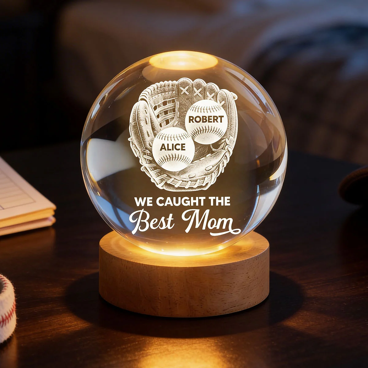 Baseball Glove We Caught The Best Mom - Personalized Crystal Ball LED Night Light - Mother's Day Gift For Baseball Mom - Image 11