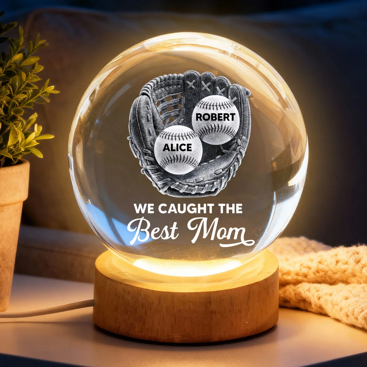 Baseball Glove We Caught The Best Mom - Personalized Crystal Ball LED Night Light - Mother's Day Gift For Baseball Mom - Image 12