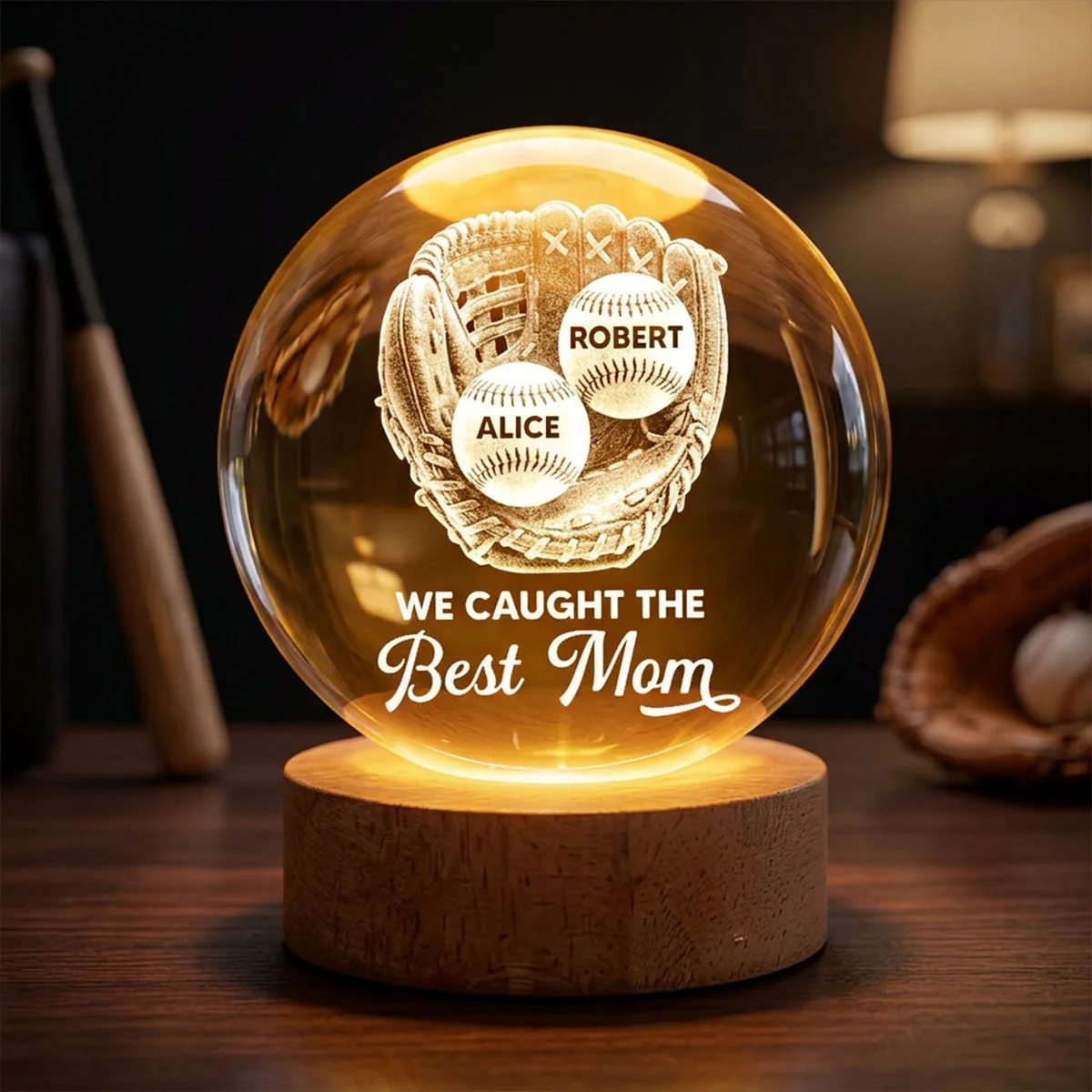 Baseball Glove We Caught The Best Mom - Personalized Crystal Ball LED Night Light - Mother's Day Gift For Baseball Mom - Image 2