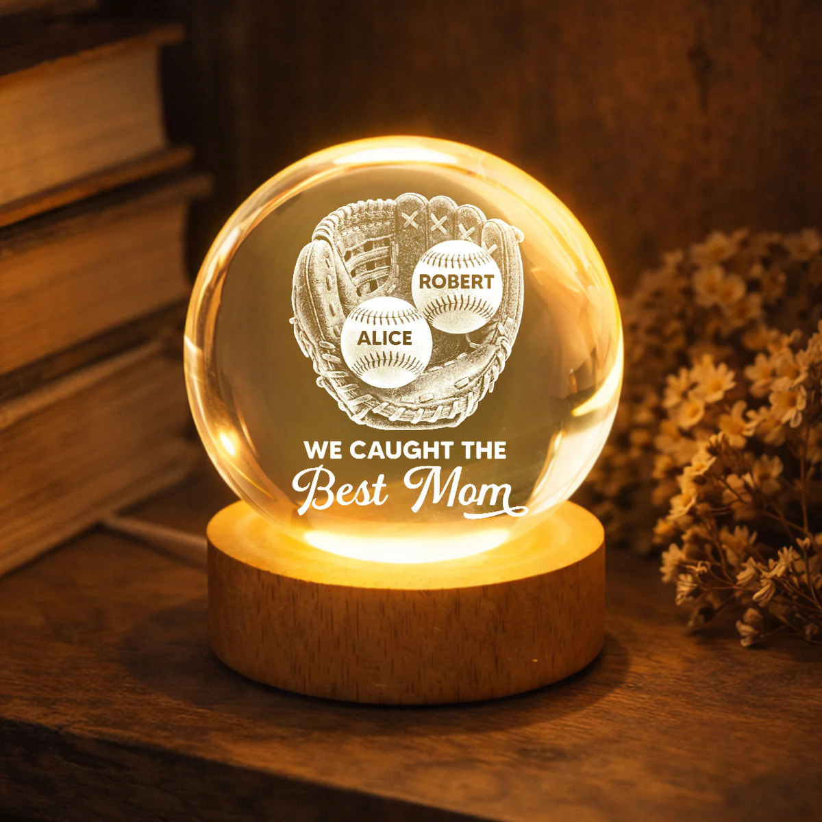 Baseball Glove We Caught The Best Mom - Personalized Crystal Ball LED Night Light - Mother's Day Gift For Baseball Mom - Image 4