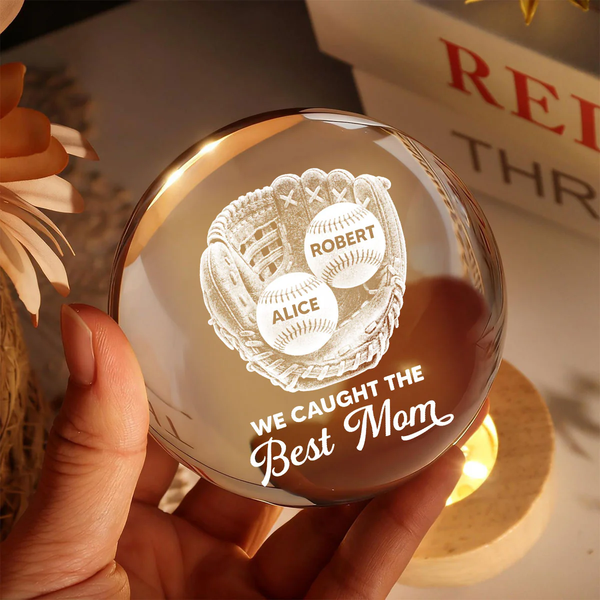 Baseball Glove We Caught The Best Mom - Personalized Crystal Ball LED Night Light - Mother's Day Gift For Baseball Mom - Image 5