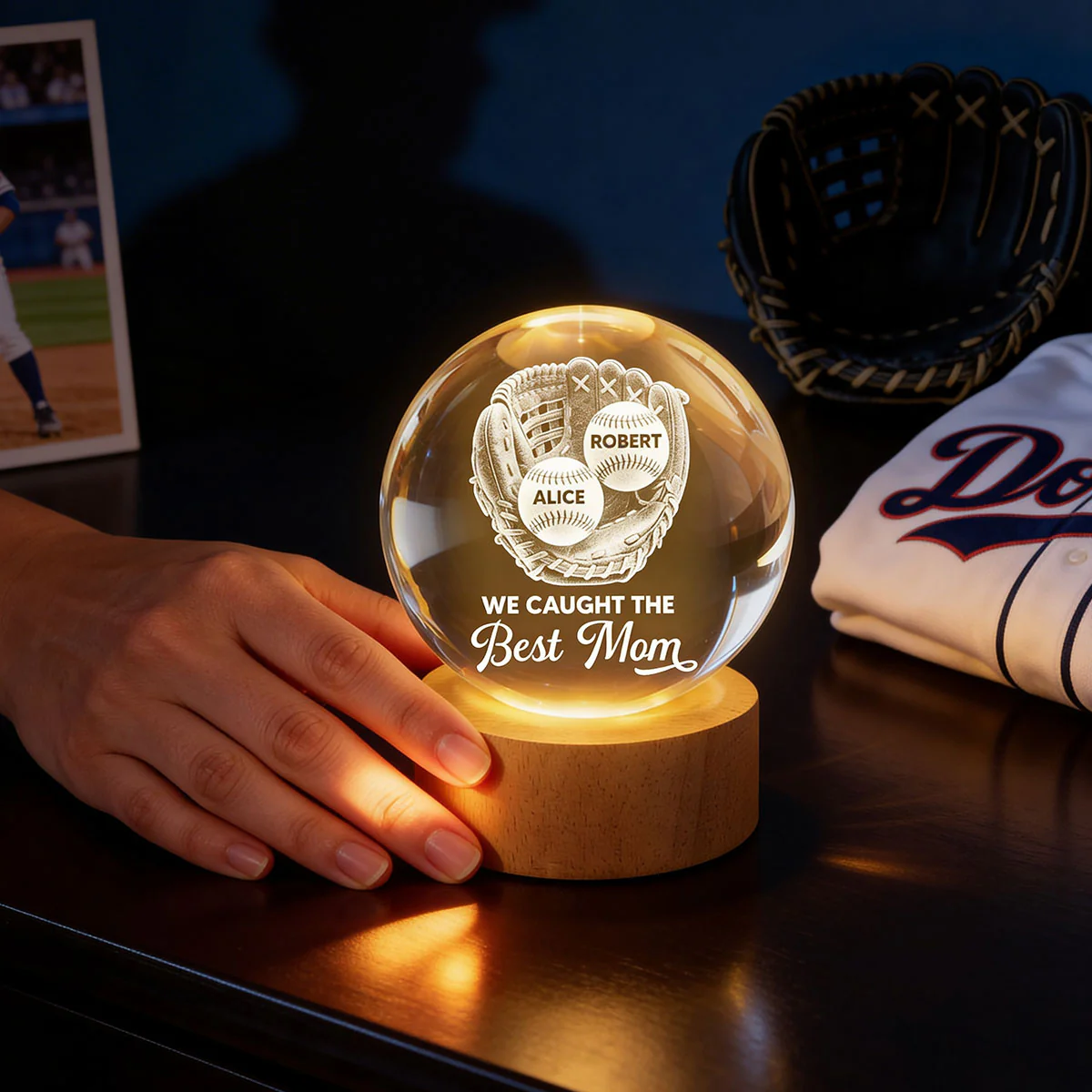Baseball Glove We Caught The Best Mom - Personalized Crystal Ball LED Night Light - Mother's Day Gift For Baseball Mom - Image 7