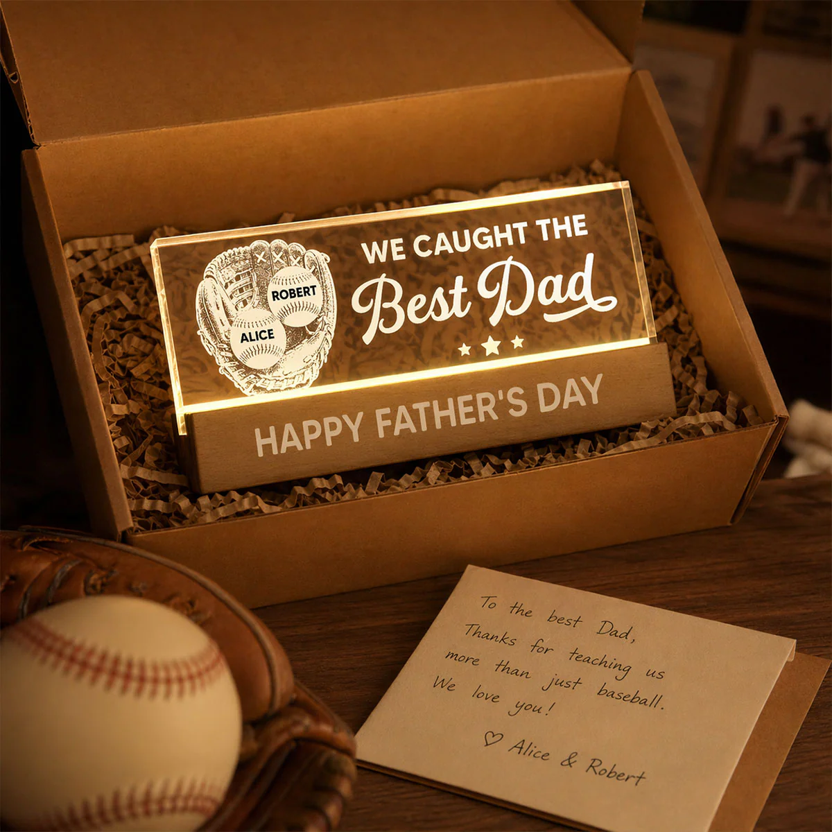 Baseball In Baseball Glove We Caught The Best Dad - Personalized Acrylic Block LED Night Light - Father's Day Gift For Baseball Dad - Image 2
