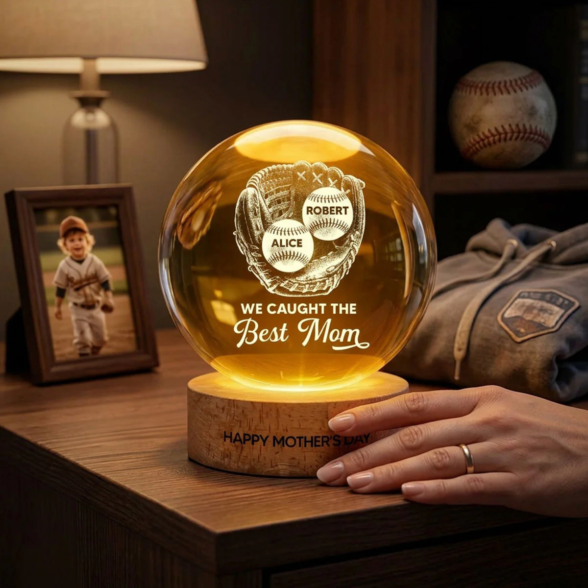 Baseball In Baseball Glove We Caught The Best Mom - Personalized Crystal Ball LED Night Light - Mother's Day Gift For Baseball Mom - Image 3
