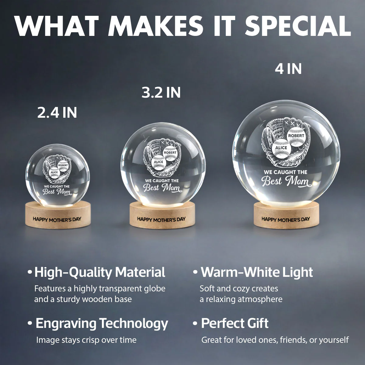 Baseball In Baseball Glove We Caught The Best Mom - Personalized Crystal Ball LED Night Light - Mother's Day Gift For Baseball Mom - Image 4