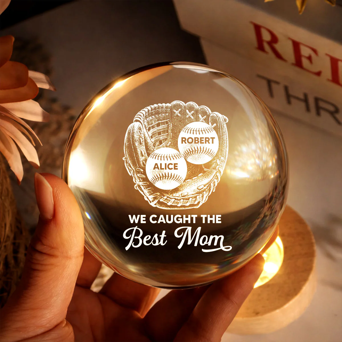 Baseball In Baseball Glove We Caught The Best Mom - Personalized Crystal Ball LED Night Light - Mother's Day Gift For Baseball Mom - Image 6