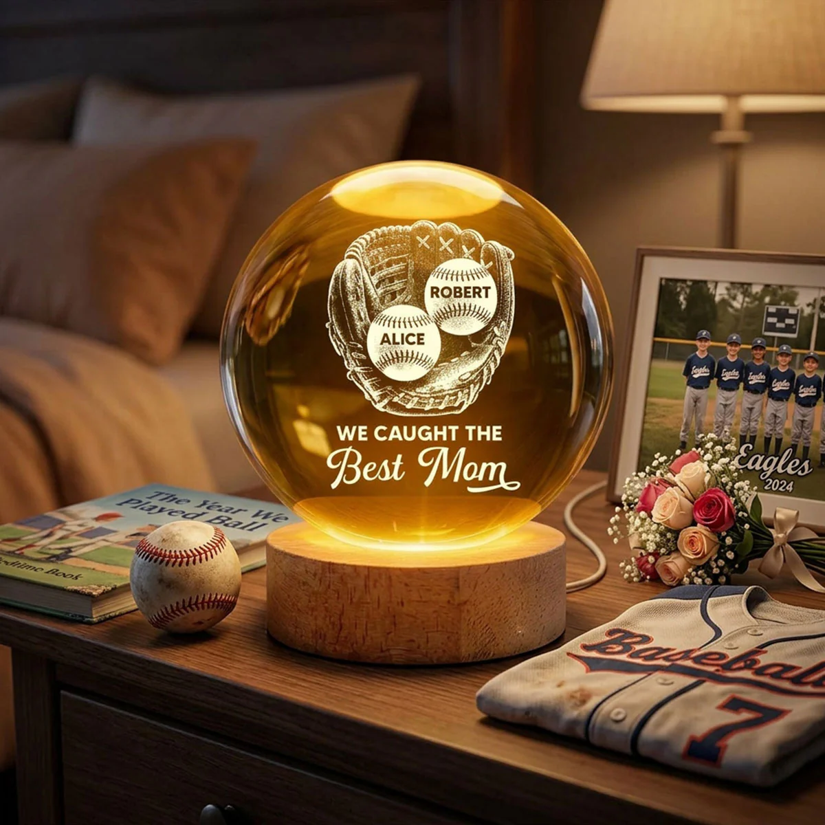Baseball In Baseball Glove We Caught The Best Mom - Personalized Crystal Ball LED Night Light - Mother's Day Gift For Baseball Mom - Image 8