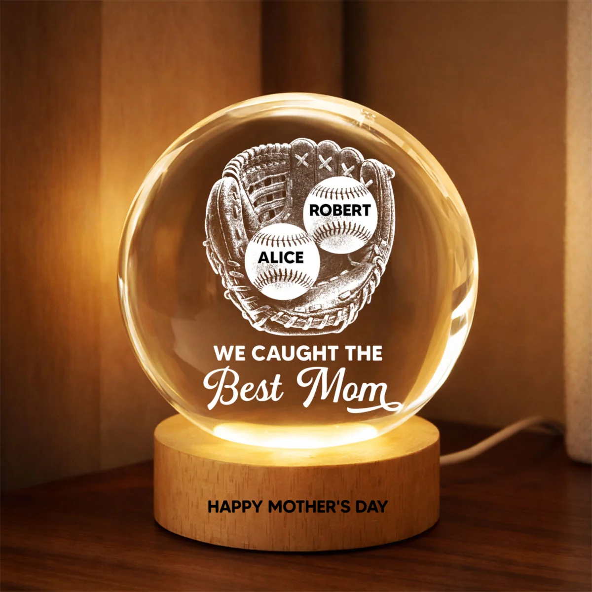 Baseball In Baseball Glove We Caught The Best Mom - Personalized Crystal Ball LED Night Light - Mother's Day Gift For Baseball Mom - Image 9