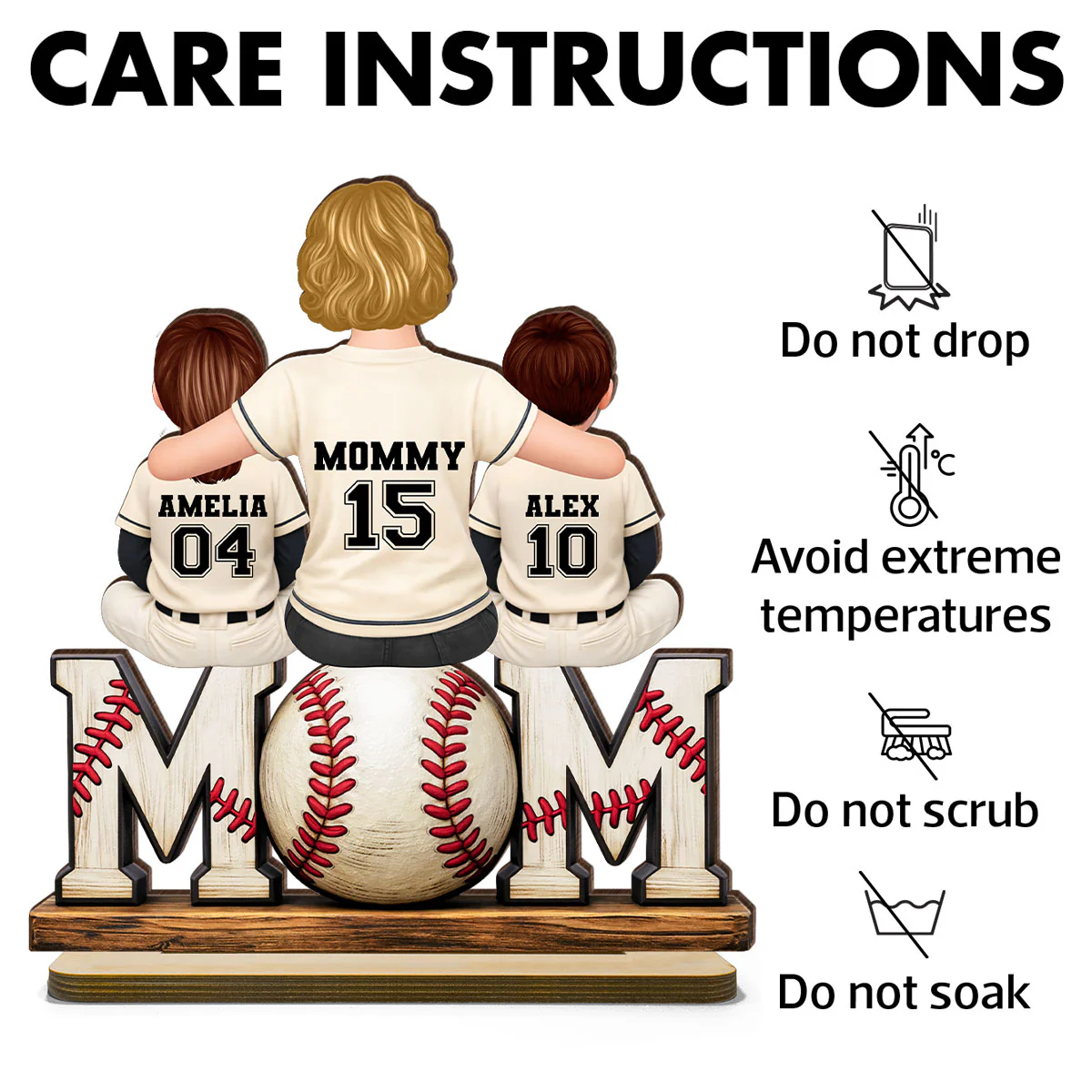 Baseball Mom and Kids Sitting Back View - Personalized 2-Layered Wooden Plaque - Heartfelt Gift for Mom - Image 10