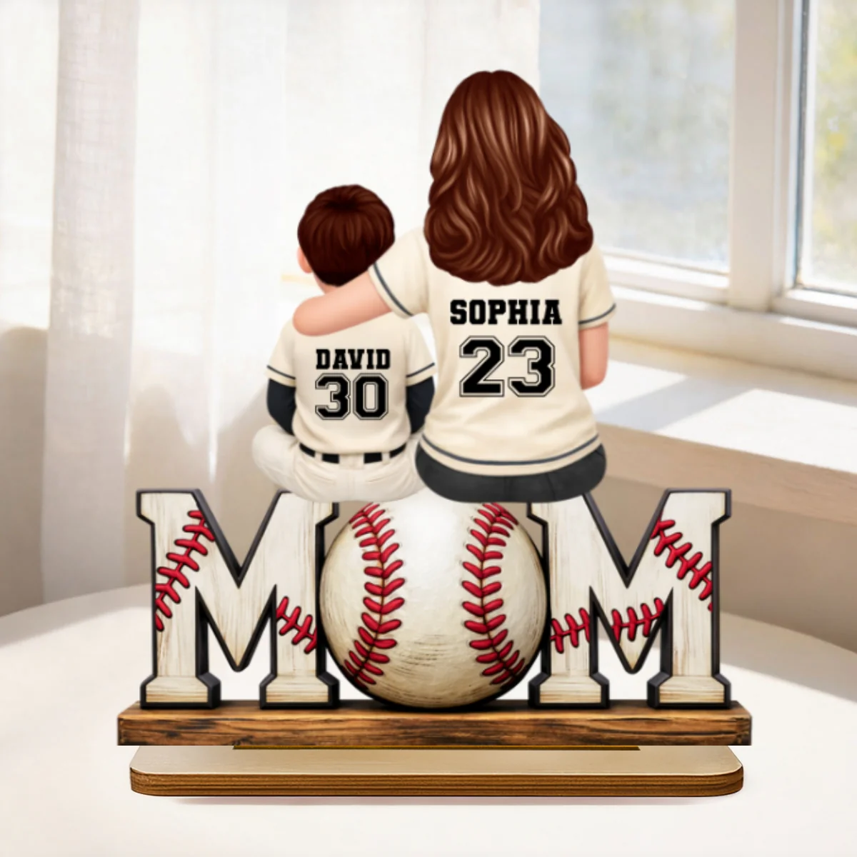 Baseball Mom and Kids Sitting Back View - Personalized 2-Layered Wooden Plaque - Heartfelt Gift for Mom - Image 11