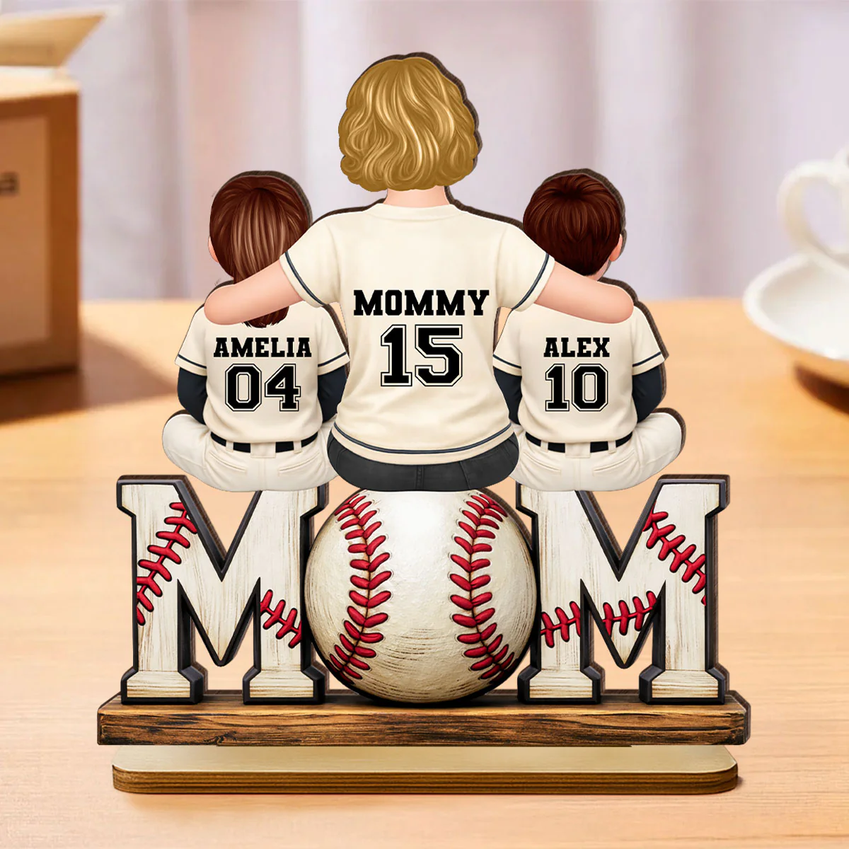 Baseball Mom and Kids Sitting Back View - Personalized 2-Layered Wooden Plaque - Heartfelt Gift for Mom - Image 2