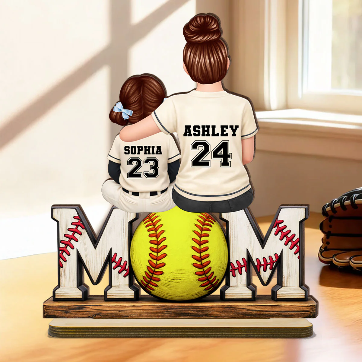 Baseball Mom and Kids Sitting Back View - Personalized 2-Layered Wooden Plaque - Heartfelt Gift for Mom - Image 3