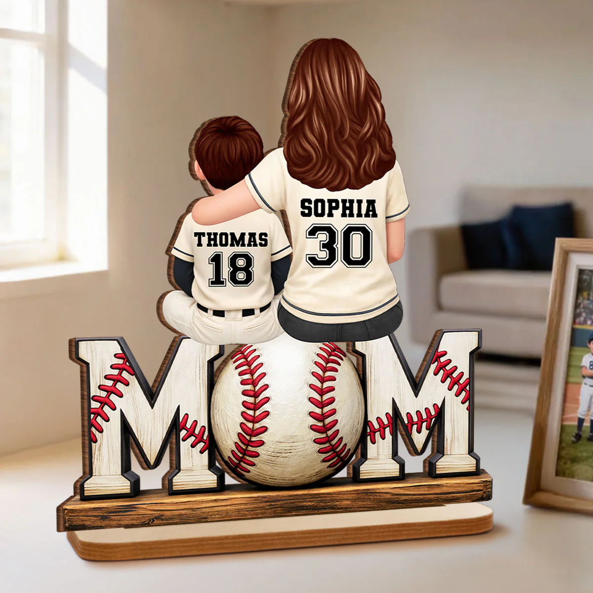 Baseball Mom and Kids Sitting Back View - Personalized 2-Layered Wooden Plaque - Heartfelt Gift for Mom - Image 4