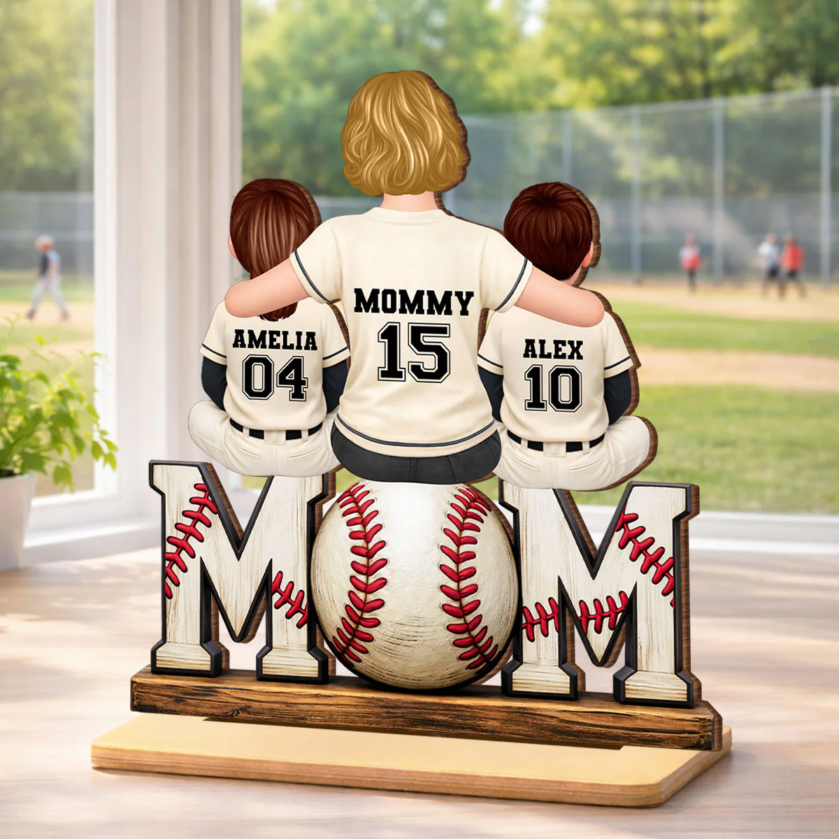 Baseball Mom and Kids Sitting Back View - Personalized 2-Layered Wooden Plaque - Heartfelt Gift for Mom - Image 5