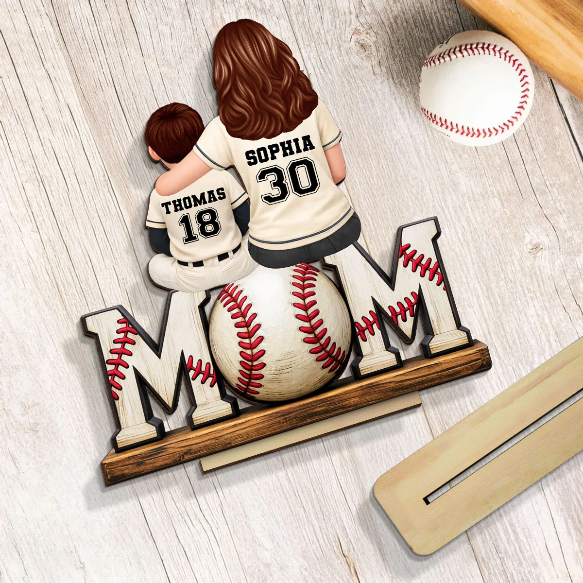 Baseball Mom and Kids Sitting Back View - Personalized 2-Layered Wooden Plaque - Heartfelt Gift for Mom - Image 6