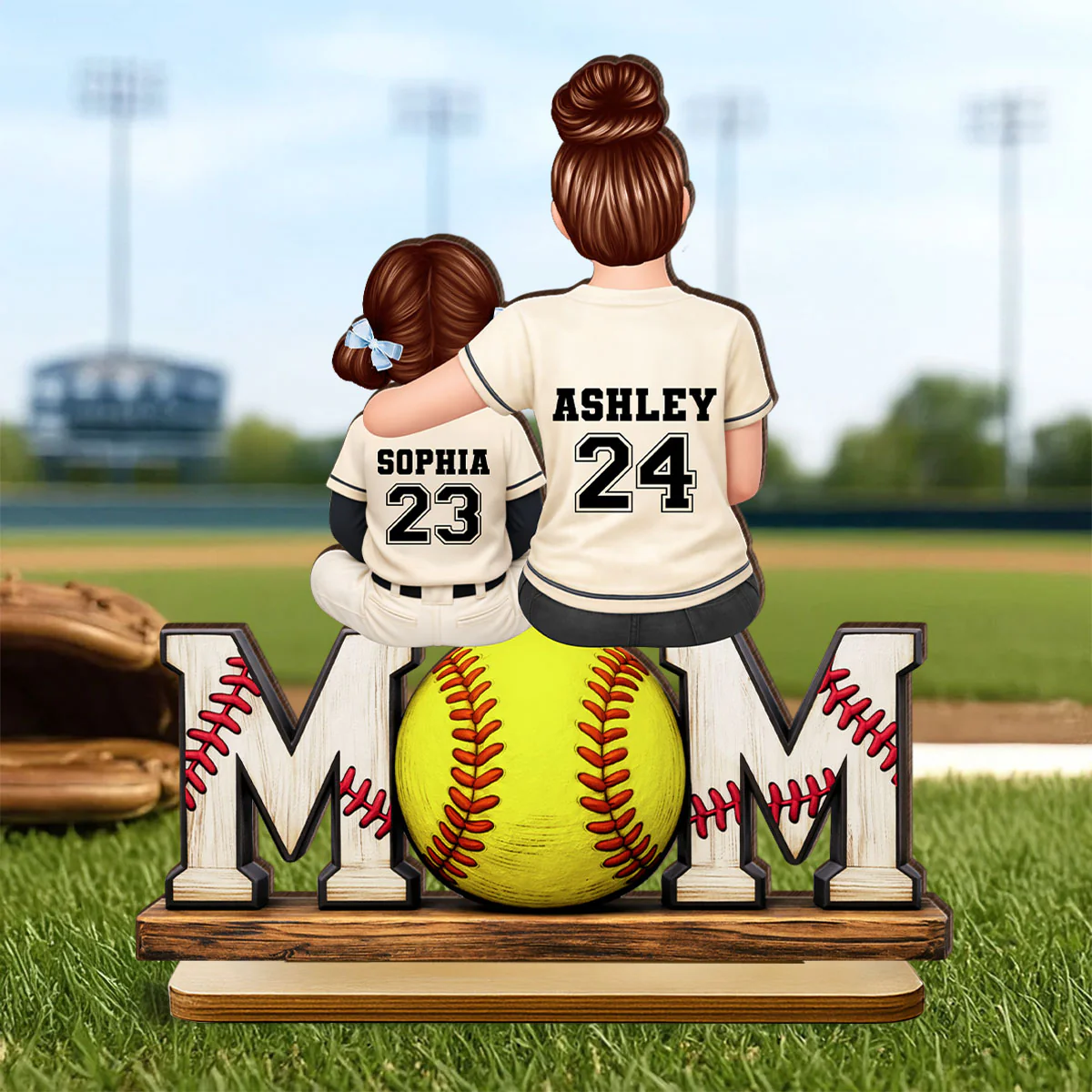 Baseball Mom and Kids Sitting Back View - Personalized 2-Layered Wooden Plaque - Heartfelt Gift for Mom - Image 7