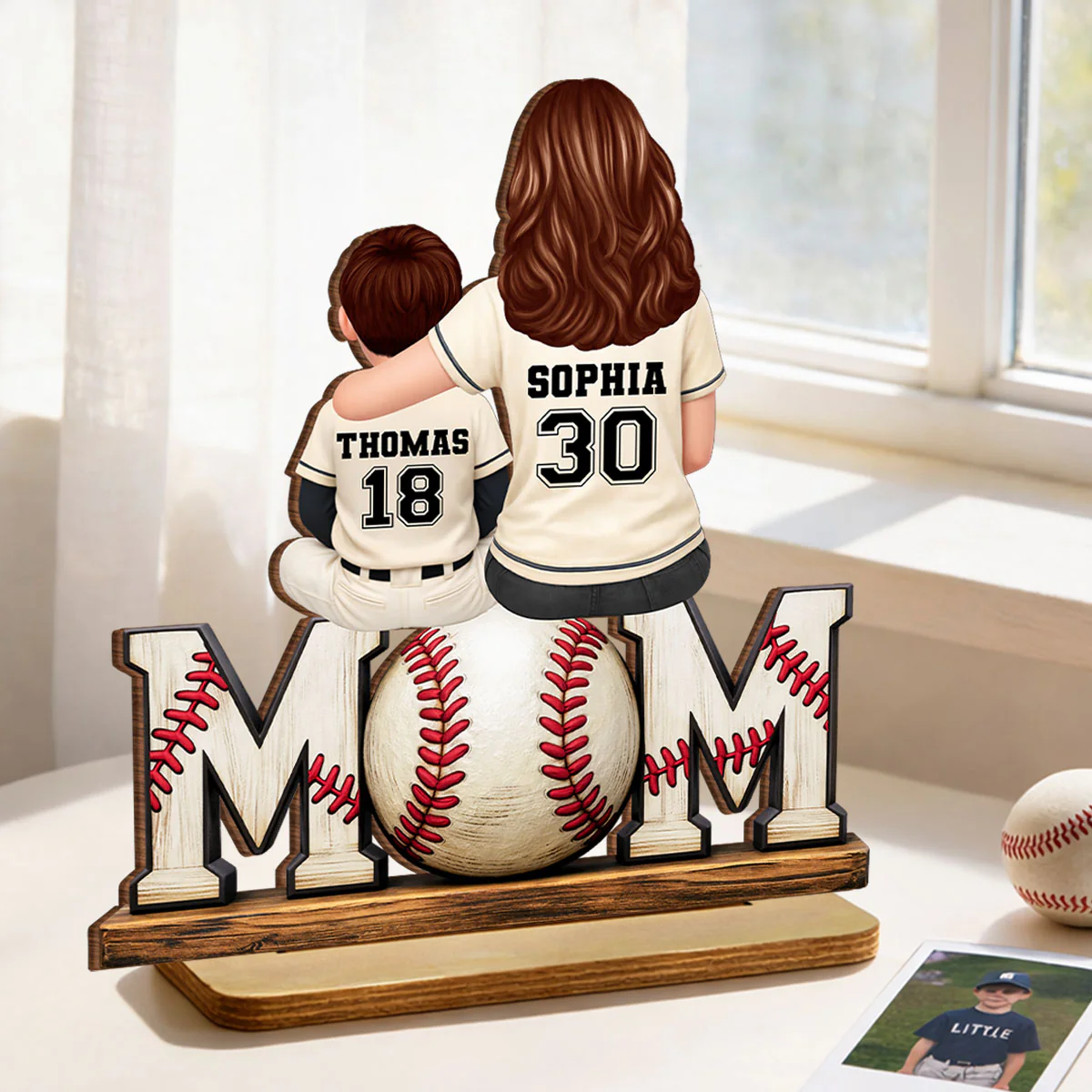 Baseball Mom and Kids Sitting Back View - Personalized 2-Layered Wooden Plaque - Heartfelt Gift for Mom - Image 8