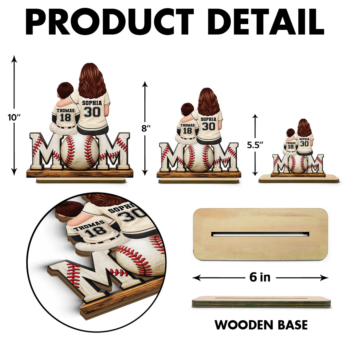 Baseball Mom and Kids Sitting Back View - Personalized 2-Layered Wooden Plaque - Heartfelt Gift for Mom - Image 9