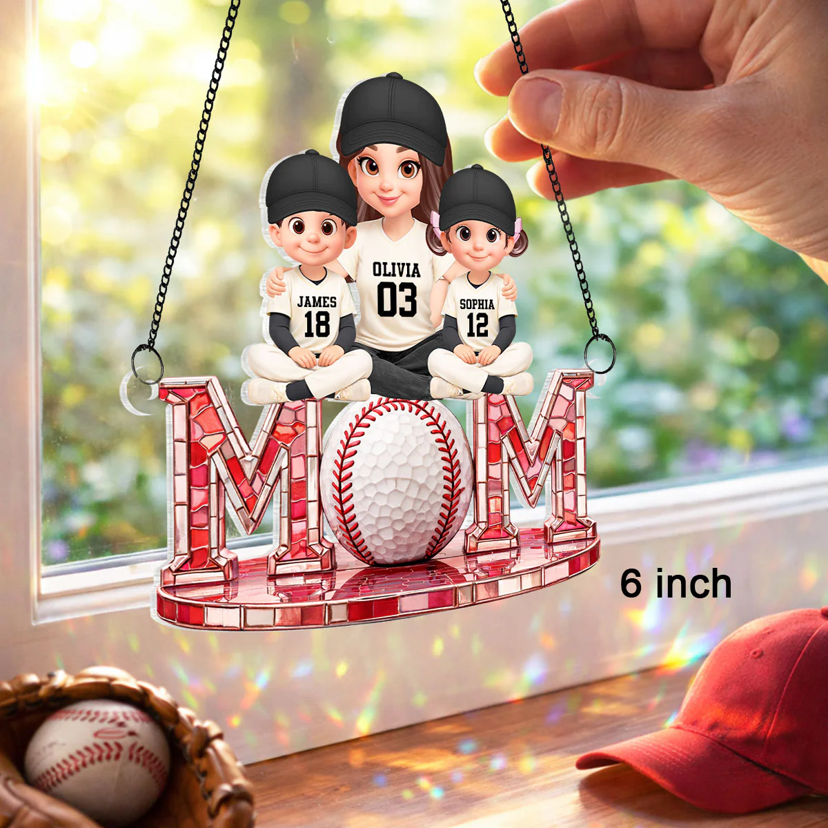 Baseball Mom And Kids Sitting - Personalized Suncatcher - Heartfelt Mother's Day Gift for Mom, Wife - Image 2