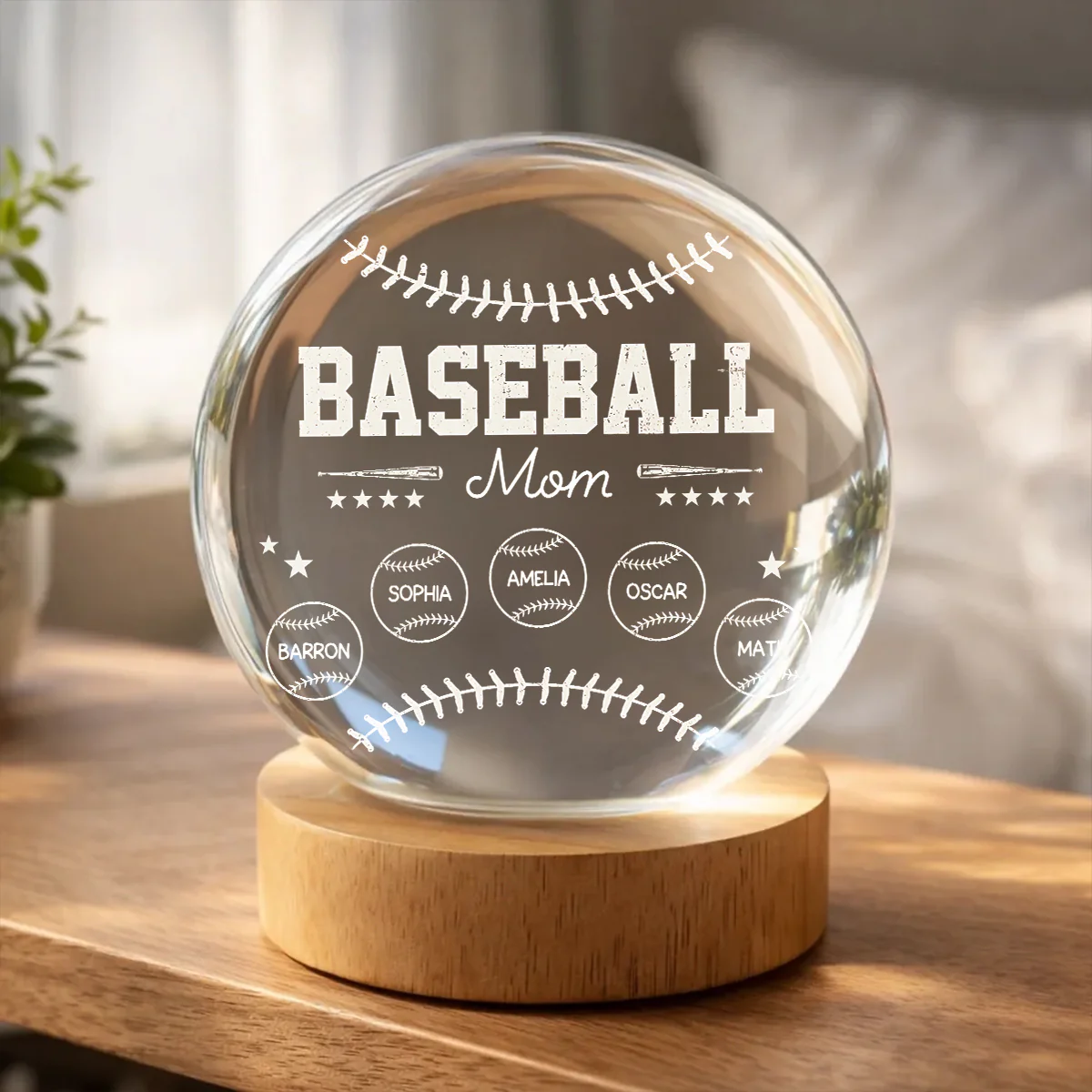 Baseball Mom And Kids Together - Personalized Crystal Ball LED Night Light - Mother's Day Gift For Baseball Mom, Gift For Wife - Image 2