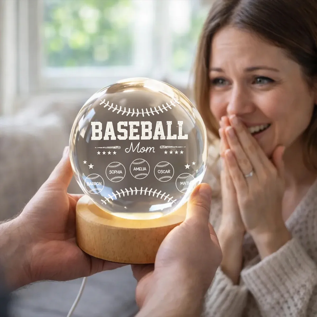 Baseball Mom And Kids Together - Personalized Crystal Ball LED Night Light - Mother's Day Gift For Baseball Mom, Gift For Wife - Image 3