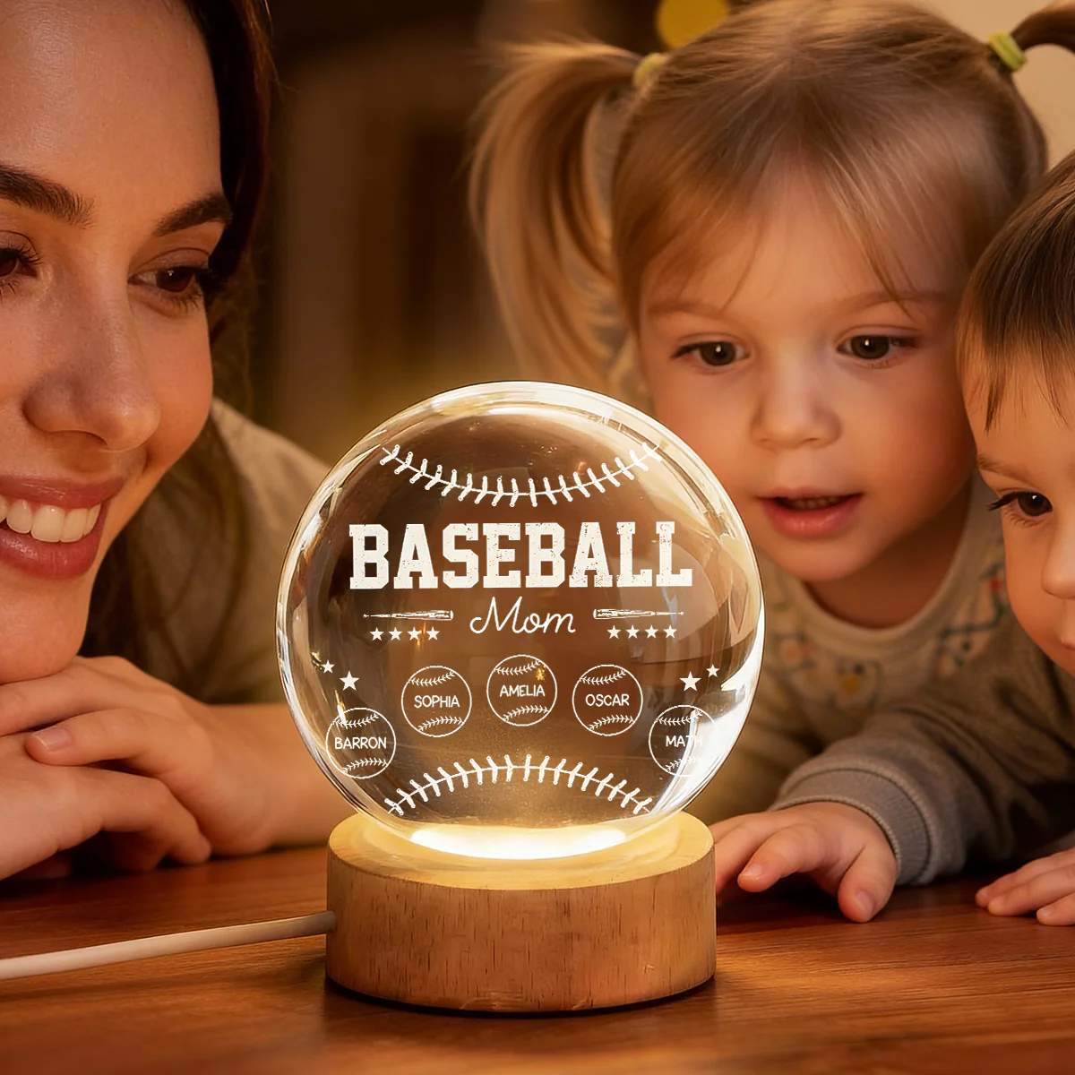 Baseball Mom And Kids Together - Personalized Crystal Ball LED Night Light - Mother's Day Gift For Baseball Mom, Gift For Wife - Image 4