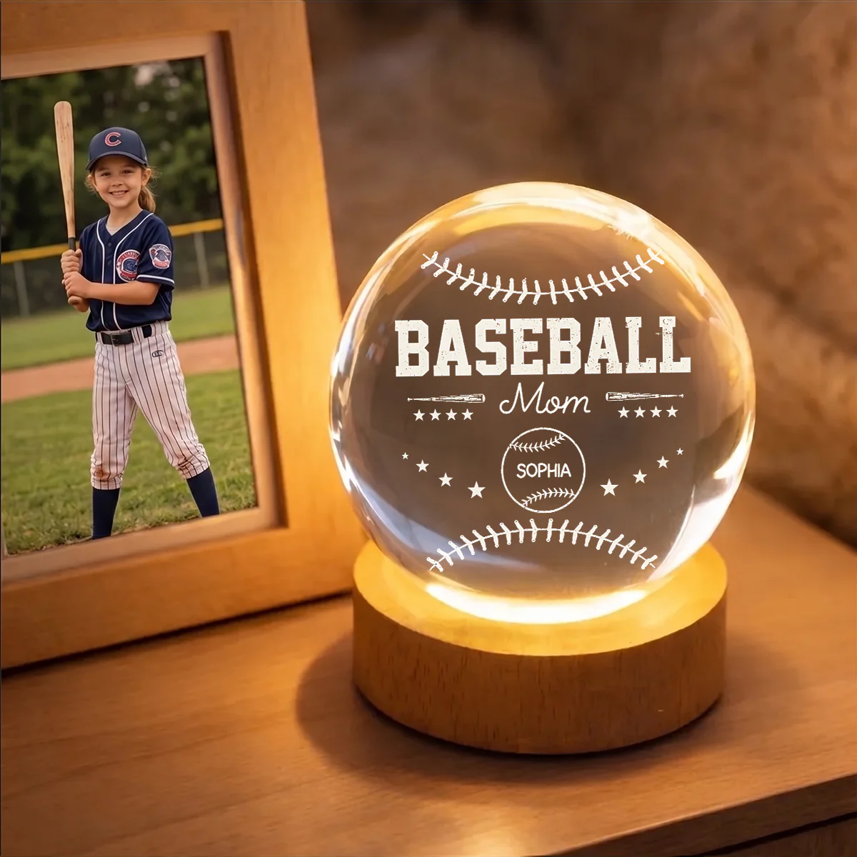 Baseball Mom And Kids Together - Personalized Crystal Ball LED Night Light - Mother's Day Gift For Baseball Mom, Gift For Wife - Image 6