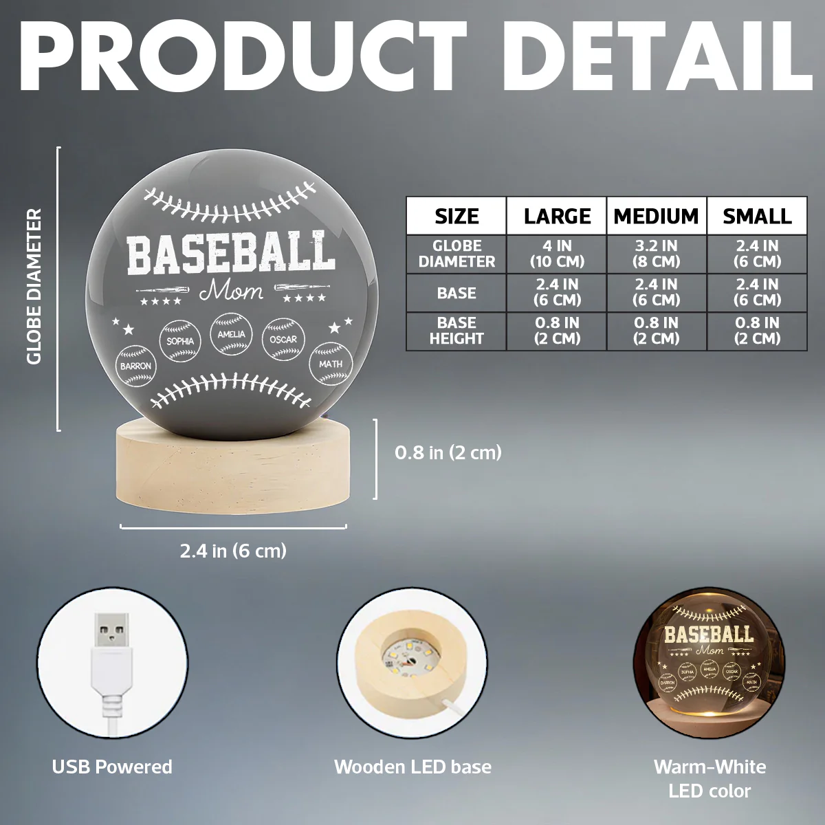 Baseball Mom And Kids Together - Personalized Crystal Ball LED Night Light - Mother's Day Gift For Baseball Mom, Gift For Wife - Image 7