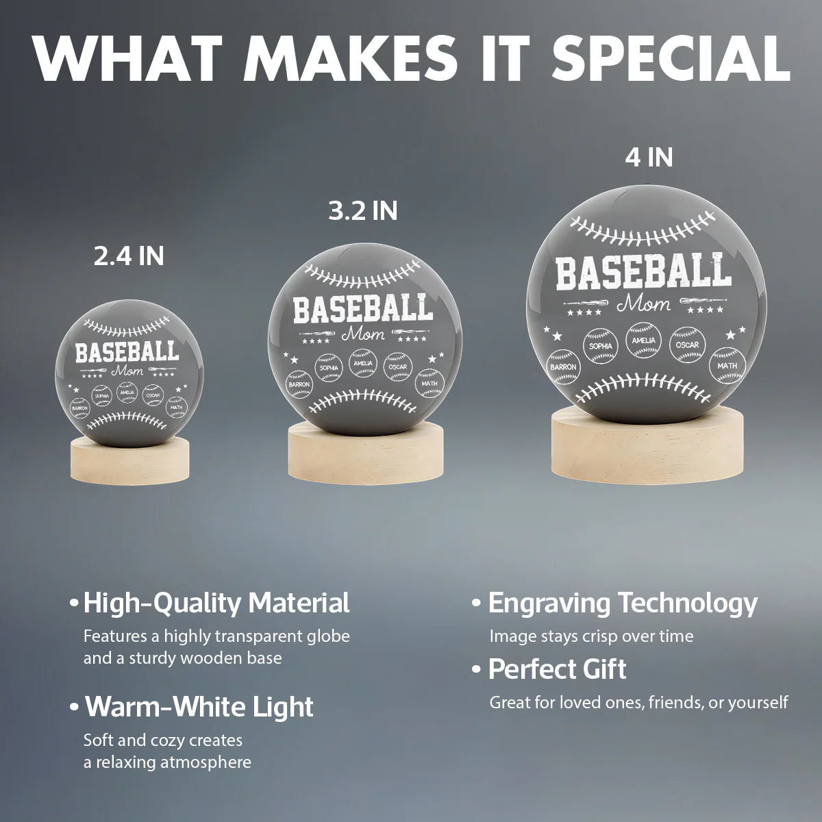 Baseball Mom And Kids Together - Personalized Crystal Ball LED Night Light - Mother's Day Gift For Baseball Mom, Gift For Wife - Image 8