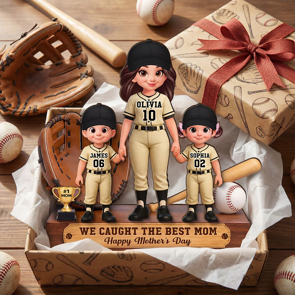 Baseball Mom And Kids We Caught The Best Mom - Personalized 2-Layered Wooden Plaque - Mother's Day Gift For Baseball Mom - Image 12