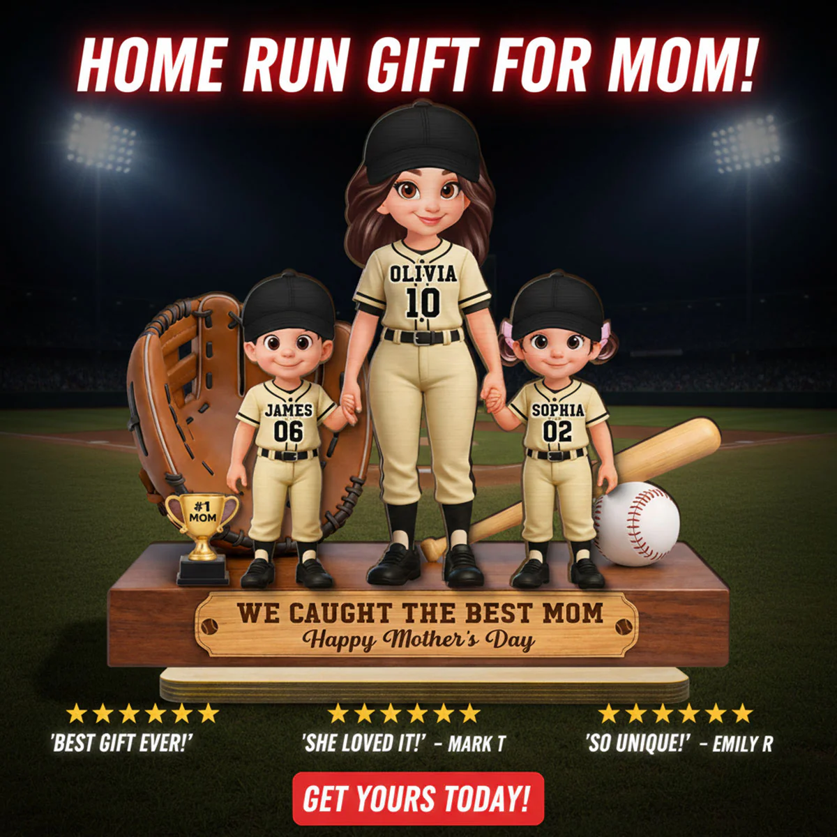 Baseball Mom And Kids We Caught The Best Mom - Personalized 2-Layered Wooden Plaque - Mother's Day Gift For Baseball Mom - Image 13