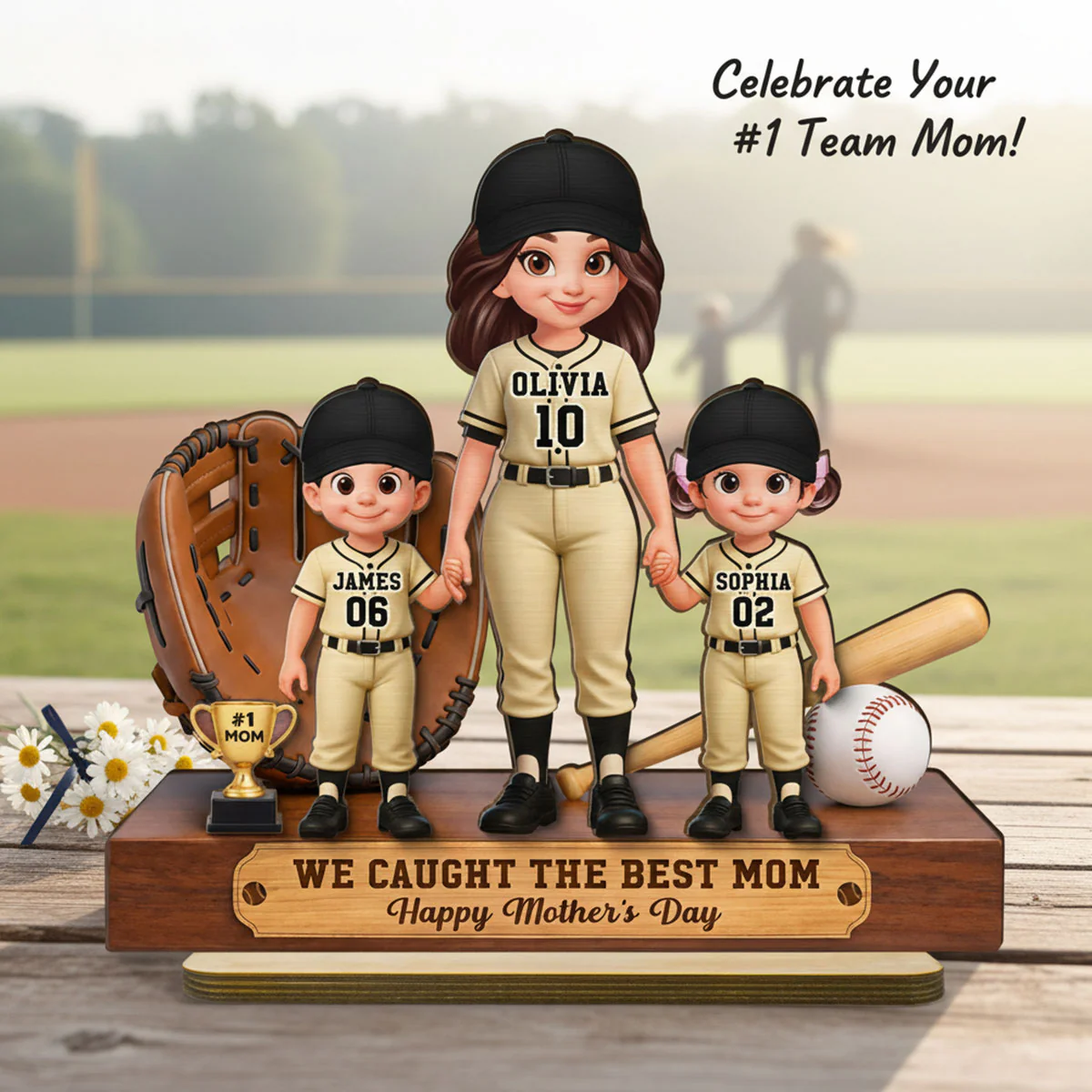Baseball Mom And Kids We Caught The Best Mom - Personalized 2-Layered Wooden Plaque - Mother's Day Gift For Baseball Mom - Image 14