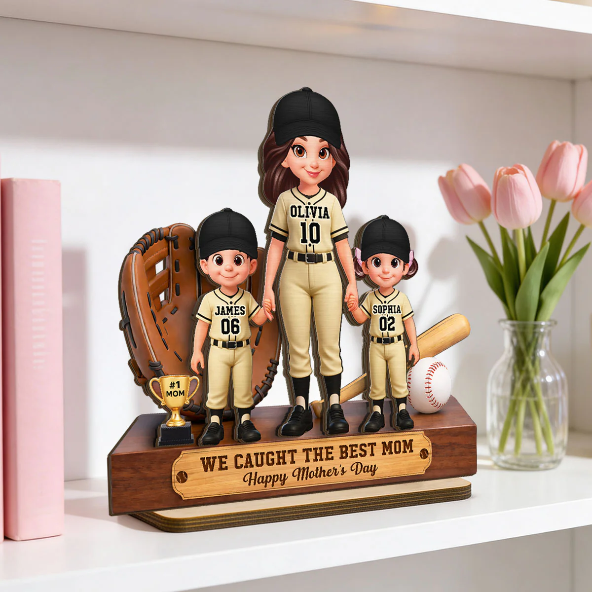 Baseball Mom And Kids We Caught The Best Mom - Personalized 2-Layered Wooden Plaque - Mother's Day Gift For Baseball Mom - Image 3