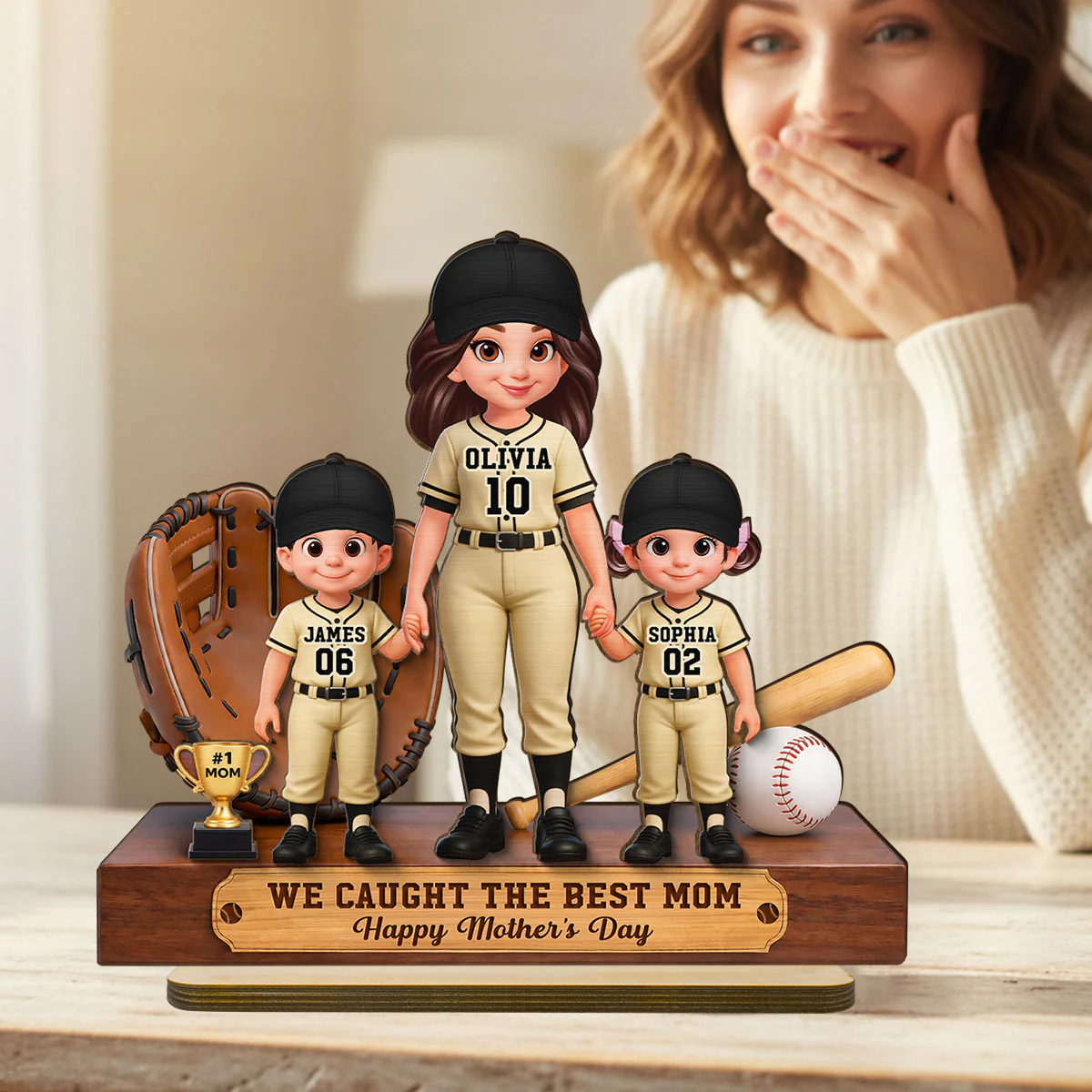 Baseball Mom And Kids We Caught The Best Mom - Personalized 2-Layered Wooden Plaque - Mother's Day Gift For Baseball Mom - Image 4