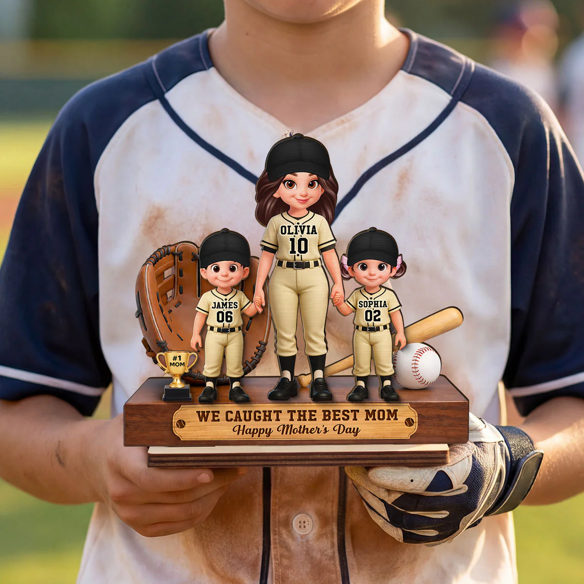 Baseball Mom And Kids We Caught The Best Mom - Personalized 2-Layered Wooden Plaque - Mother's Day Gift For Baseball Mom - Image 5