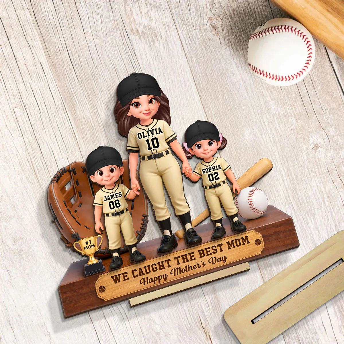 Baseball Mom And Kids We Caught The Best Mom - Personalized 2-Layered Wooden Plaque - Mother's Day Gift For Baseball Mom - Image 6