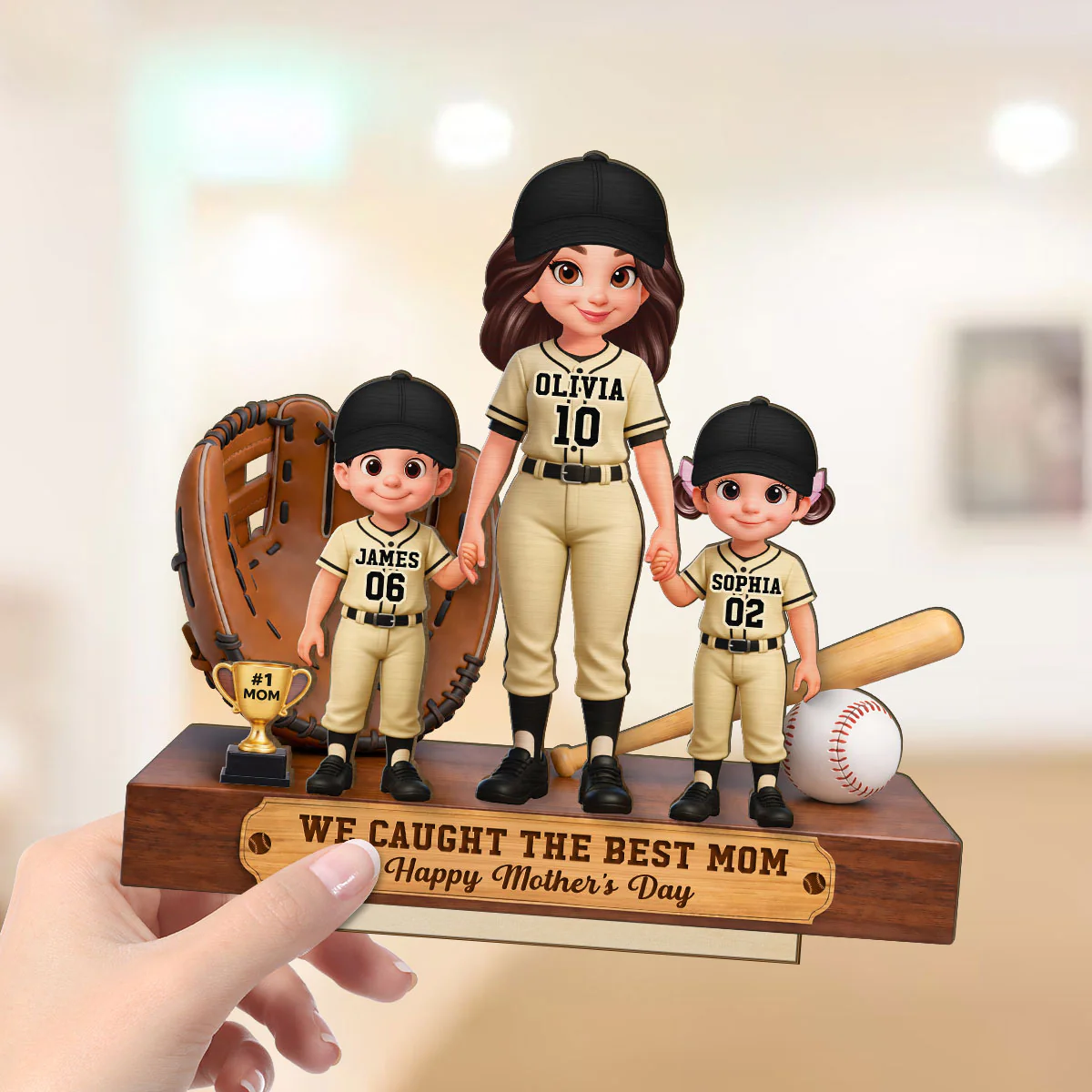 Baseball Mom And Kids We Caught The Best Mom - Personalized 2-Layered Wooden Plaque - Mother's Day Gift For Baseball Mom - Image 9