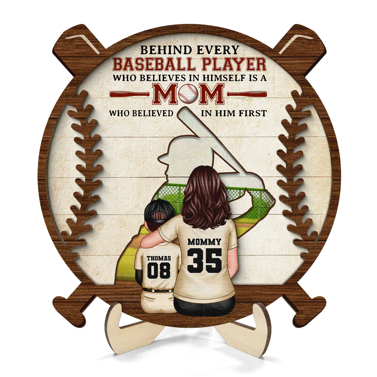Baseball Mom Behind Every Baseball Player Personalized 2-Layer Wooden Plaque, Gift for Mom