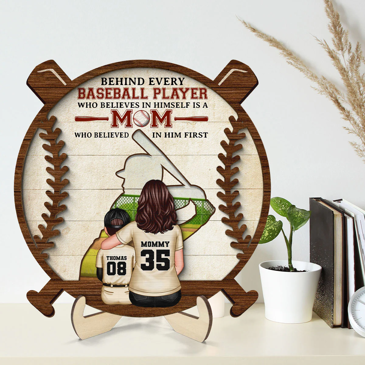 Baseball Mom Behind Every Baseball Player Personalized 2-Layer Wooden Plaque, Gift for Mom - Image 2