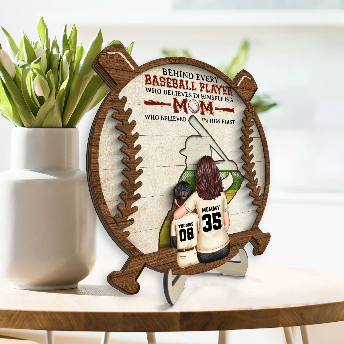 Baseball Mom Behind Every Baseball Player Personalized 2-Layer Wooden Plaque, Gift for Mom - Image 3