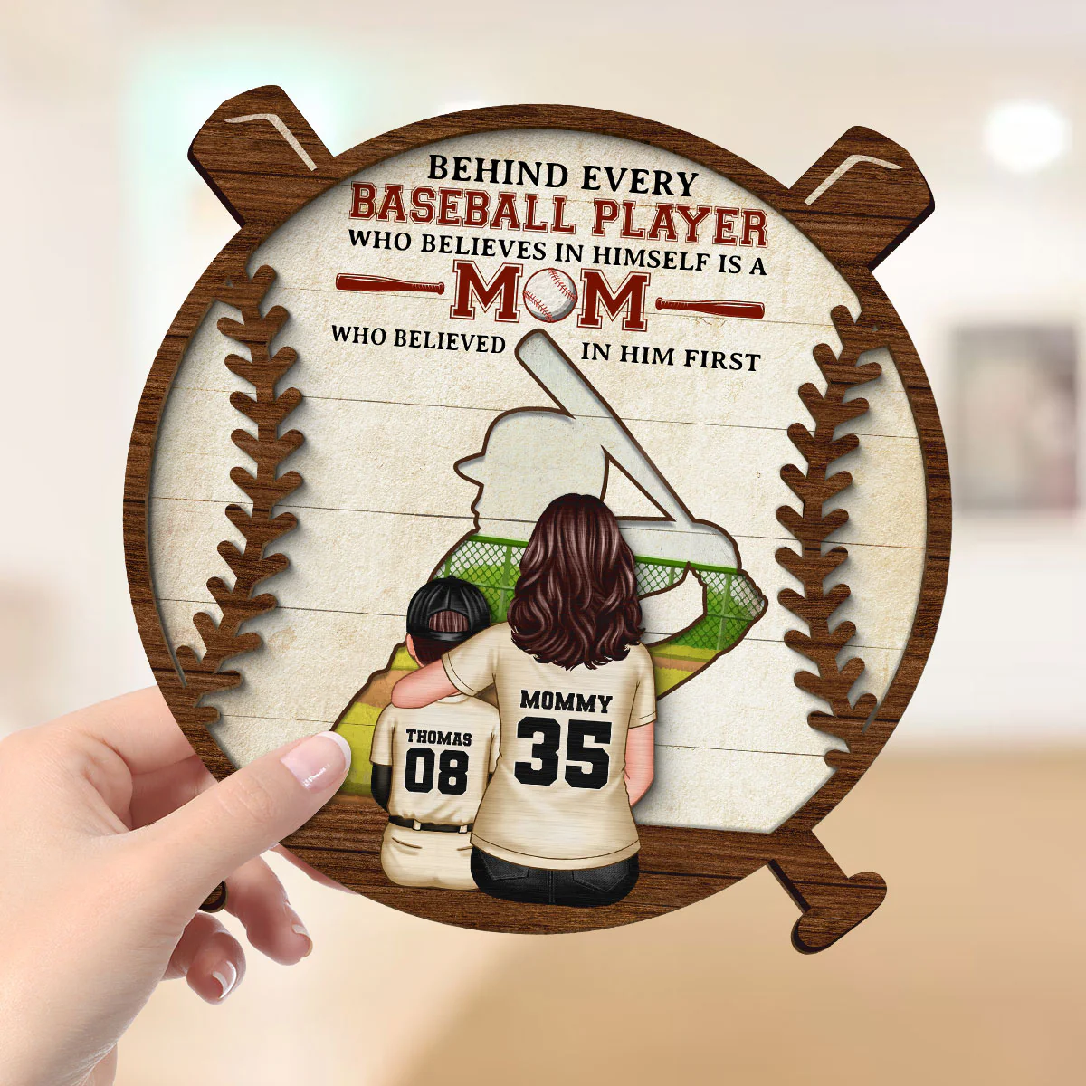 Baseball Mom Behind Every Baseball Player Personalized 2-Layer Wooden Plaque, Gift for Mom - Image 4