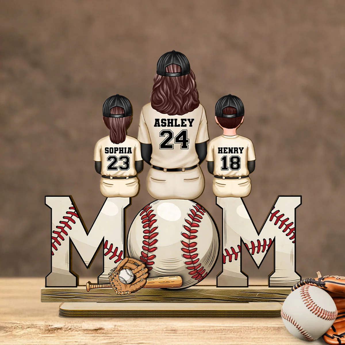 Baseball Mom Family Sitting Back View Personalized Standing Wooden Plaque, Gift for Wife, Gift for Mom