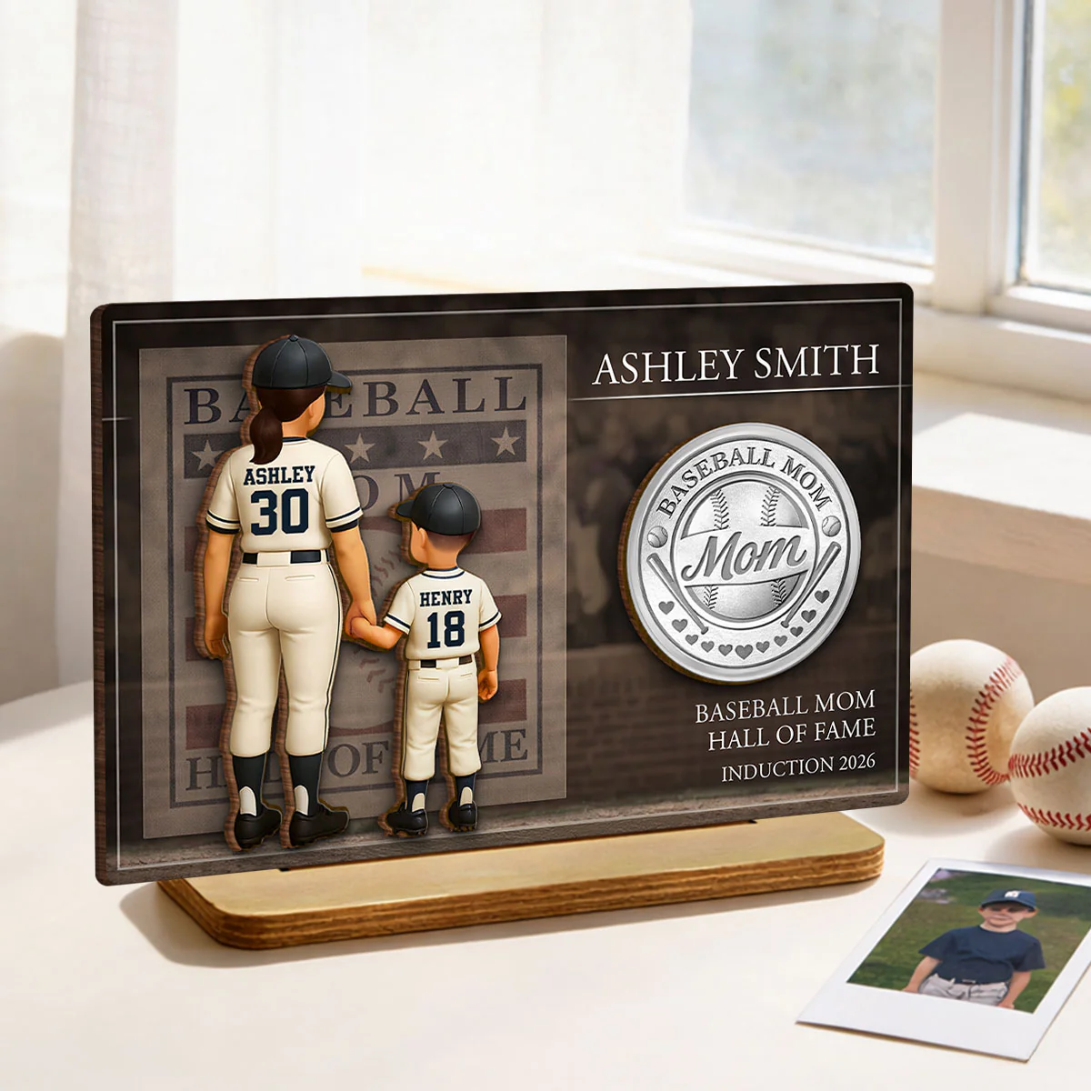 Baseball Mom Hall Of Fame - Personalized 2-Layered Wooden Plaque - Mother's Day Gift, Gift For Mom - Image 2