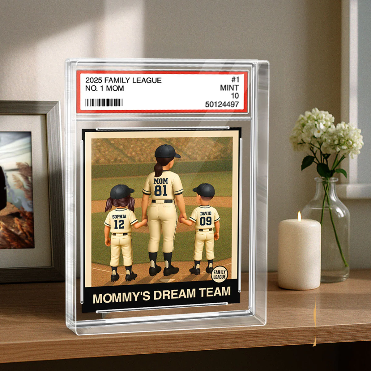 Baseball Mom Woman & Kids Trading Card Style Personalized Acrylic Block Plaque - Image 3