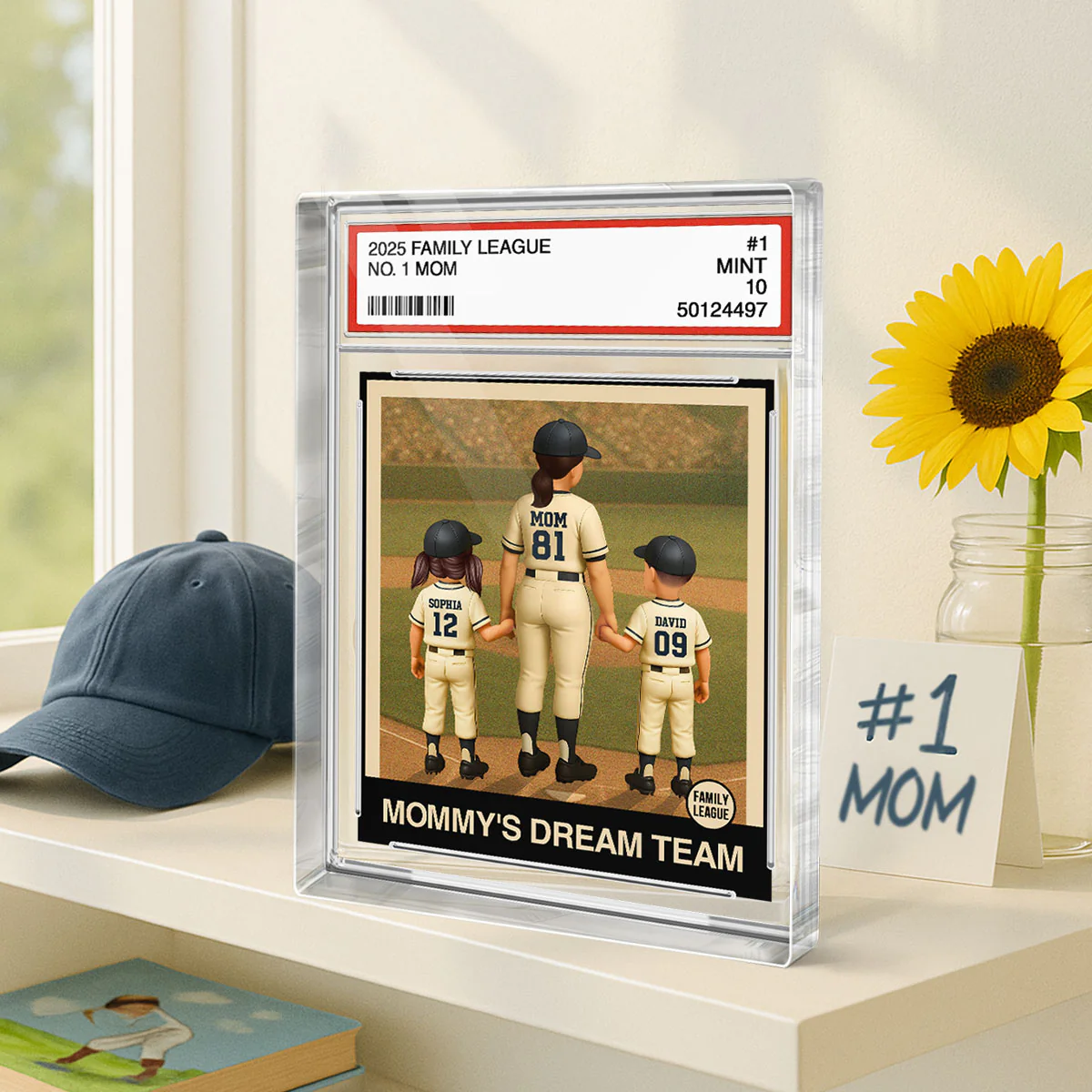 Baseball Mom Woman & Kids Trading Card Style Personalized Acrylic Block Plaque - Image 4