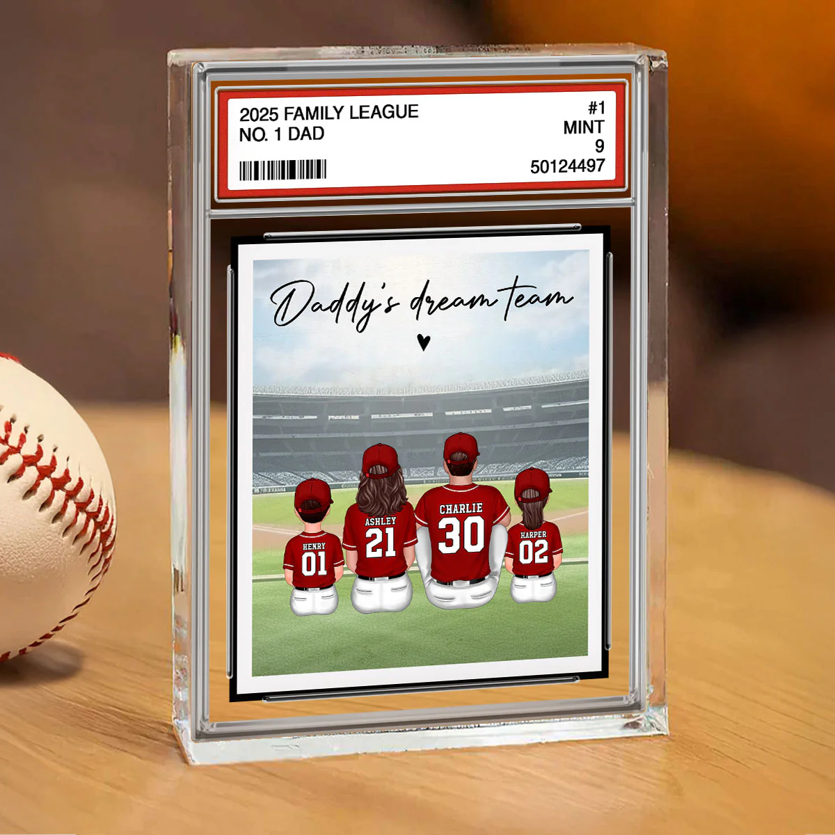 Baseball No. 1 Dad Man & Kids Sitting Trading Card Style - Personalized Acrylic Block Plaque - Image 7
